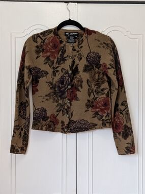 Nina Leonard Tan Floral Button-Front Knit Jacket